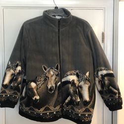 Sherpa Lined Fleece Horse Print Zip Up Jacket By CW Classic 
