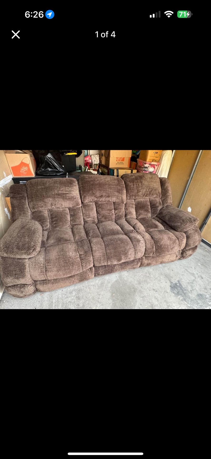 Brown couch with two reclining sides, fits three people. Hardly used very comfortable