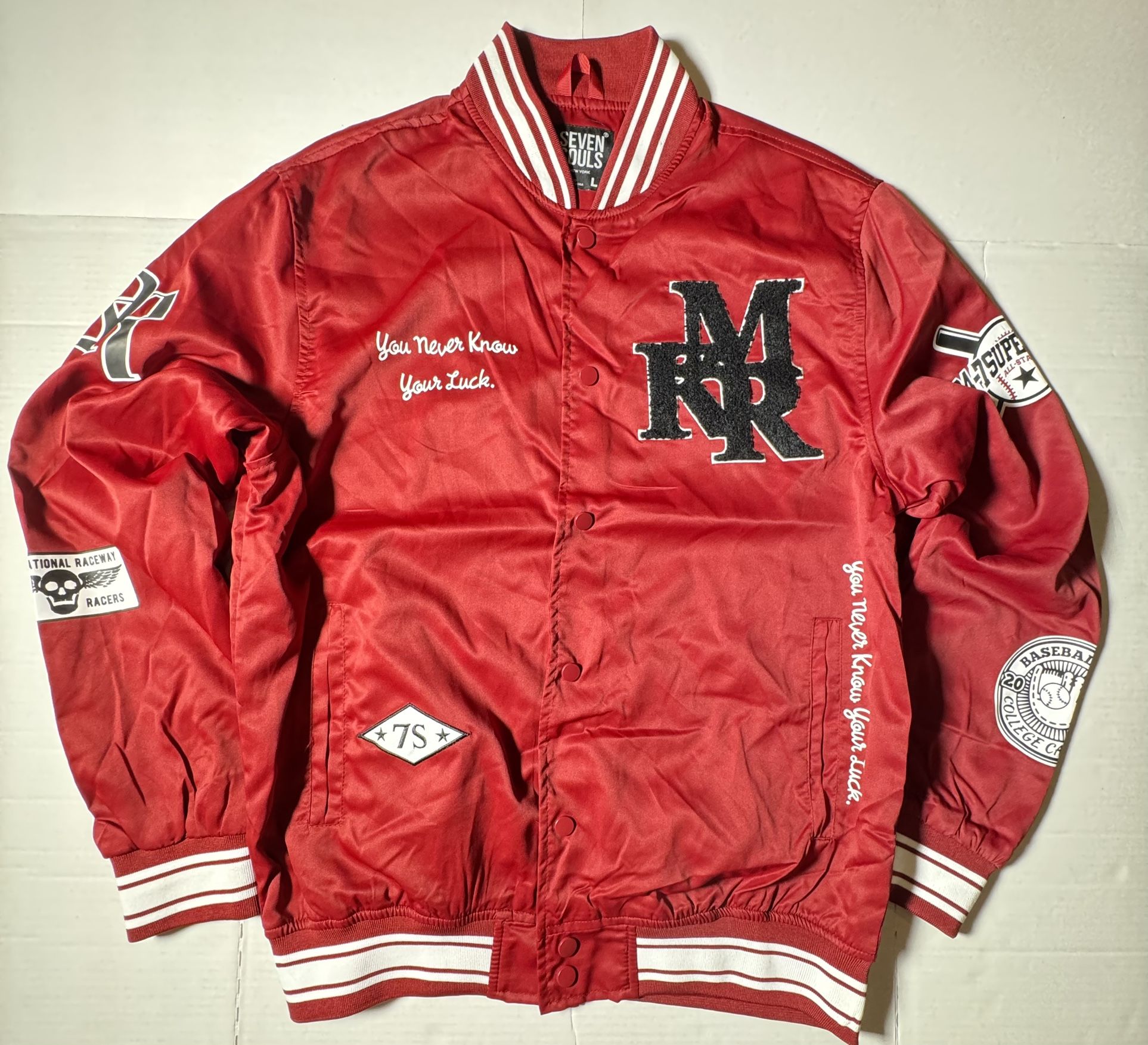 NWOT  Seven Souls  Satin  Bomber Jacket  Button  Embroidered & Printed Burgundy Red  Men  Size Large
