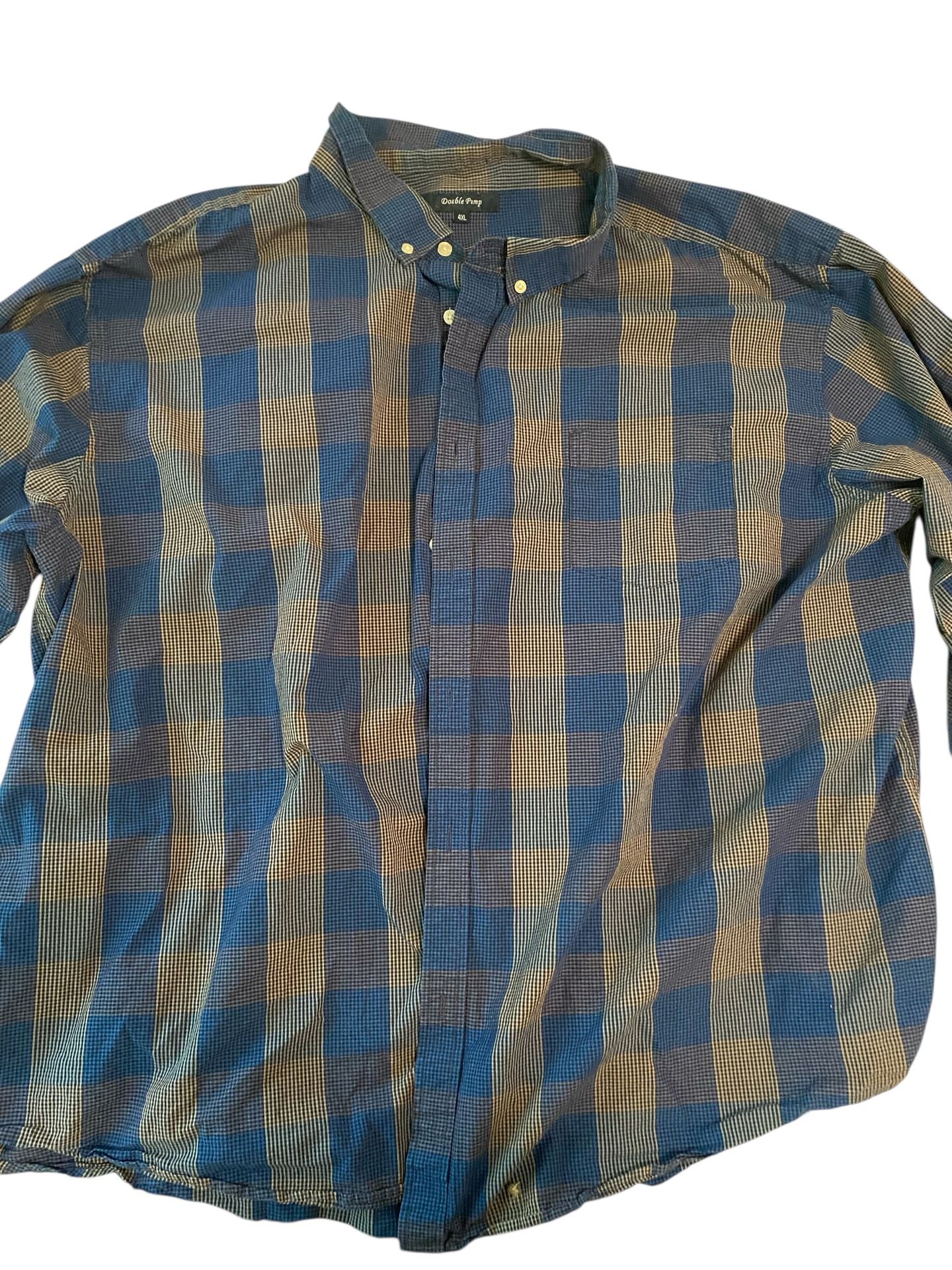 Double Pump Men's 4 XL Brown Blue Button-Down Long Sleeves with Chest Pocket