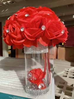 Centerpiece  glass Floral Red & Crystal & Silver Centerpiece 12” Tall For Party 