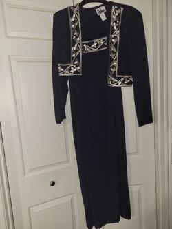 NWT Vintage R.J. & Co. Black Gold Embroidered Dress & Bolero Jacket Set Size 6 USA