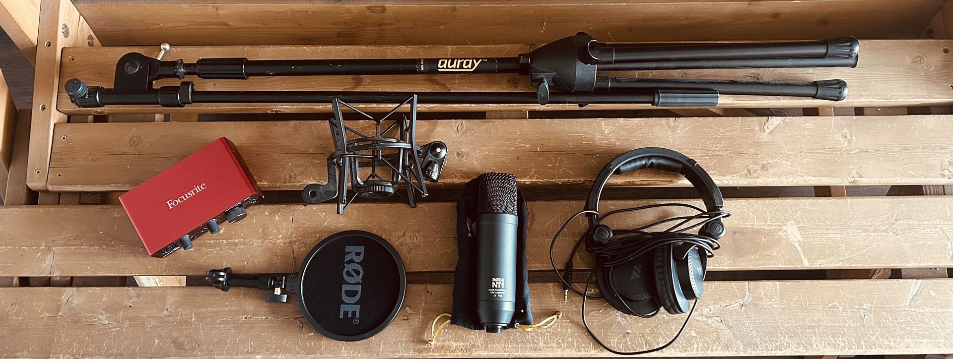 Recording Studio Tech Including Rode Mics, FocusRite Scarlet Solo, Mic Stands, Headphones, Etc