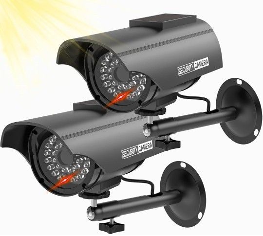 Solar Powered Fake Camera with 1 LED Light, Security Sticker (2 Packs, Black
