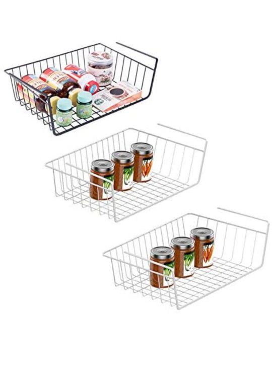 3 Pack Under Shelf Basket,Pantry Organization and Storage Baskets,16.8 x 10.3 x 4.9 in White Bookshelf Wire Hanging Baskets Shelves for Under Cabinet 