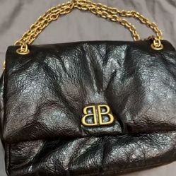 Aged gold BB logo flap closure Arena calfskin chain bag top handle shoulder bag medium women's black