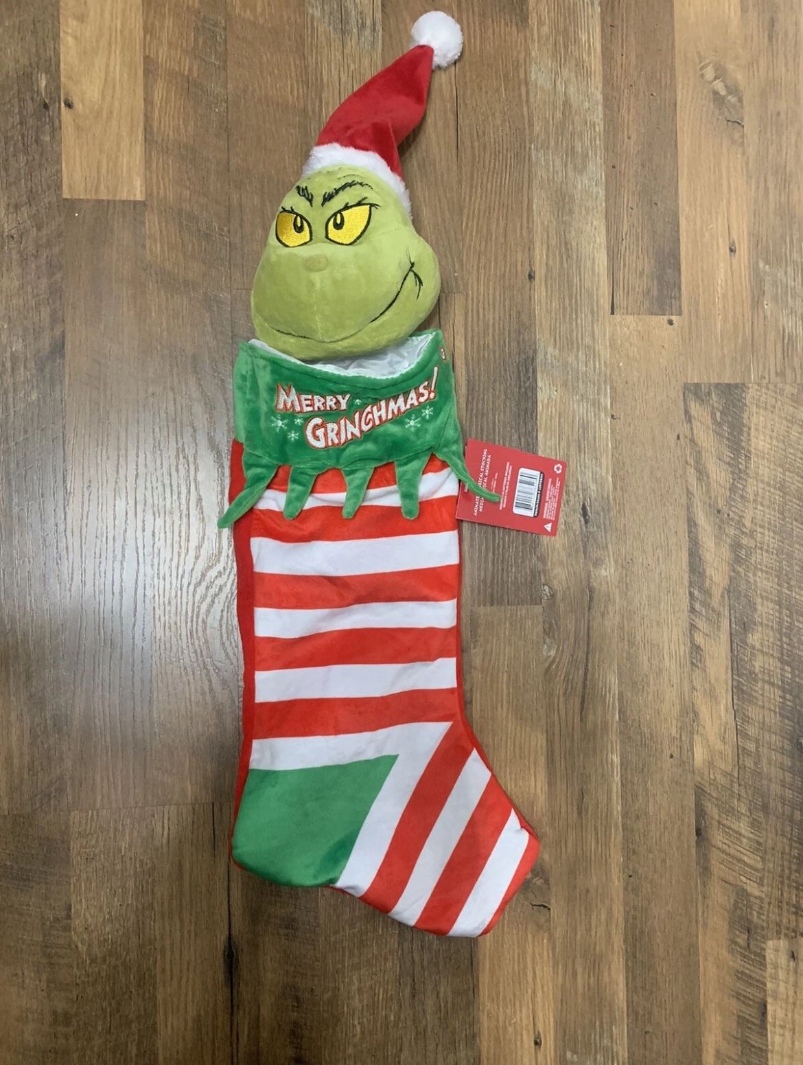 Animated Musical Merry Christmas Grinch Stocking Head 27.5in Moves Ears