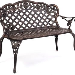 42.5" Patio Garden Bench Outdoor Metal Rose Loveseat, Cast Iron Cast Aluminium Frame Antique Finish Park Chair, Accommodates 2-3 People