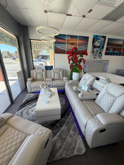 Brand New Reclining Sofa & Loveseat with LED Lights & Speakers – $1,599