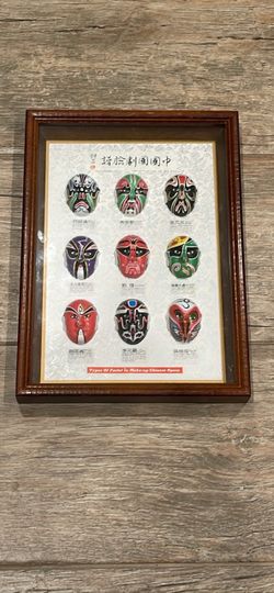 Vintage Chinese Peking Opera Facial Makeup Masks 9 in Shadowbox w/ descriptions