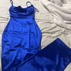 Royal Blue Leg Slit Long Satin Dress 