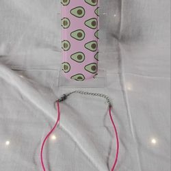 Girls Mint Green Flower Necklace w/ Blue Glass Stones w/ Pink Avocado Theme Tin