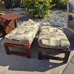 Qty 2 Wooden Futon Ottomans with Mattess Pillows, covered in a Freelance Harvest pattern tapestry fabric