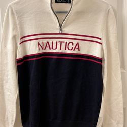 Nautica Sweater Adult Small White Sailing Sweatshirt 1/4 Zip Casual Mens