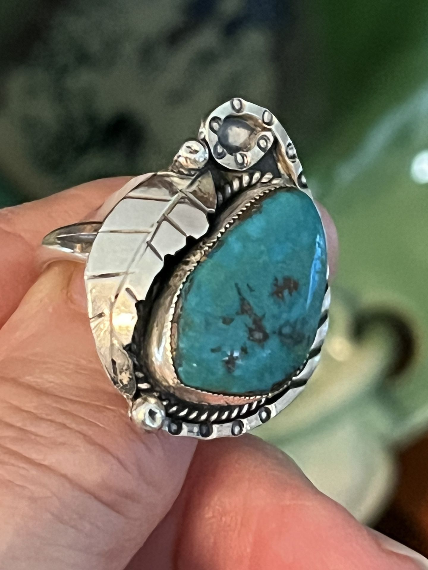 Vintage Sterling & Turquoise Squash Blossom Ring  7sz