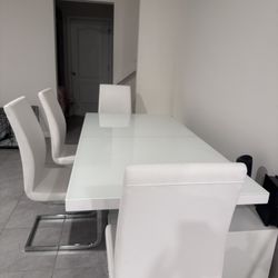 Modern White Dining Table Set with 4 Chairs & Bench