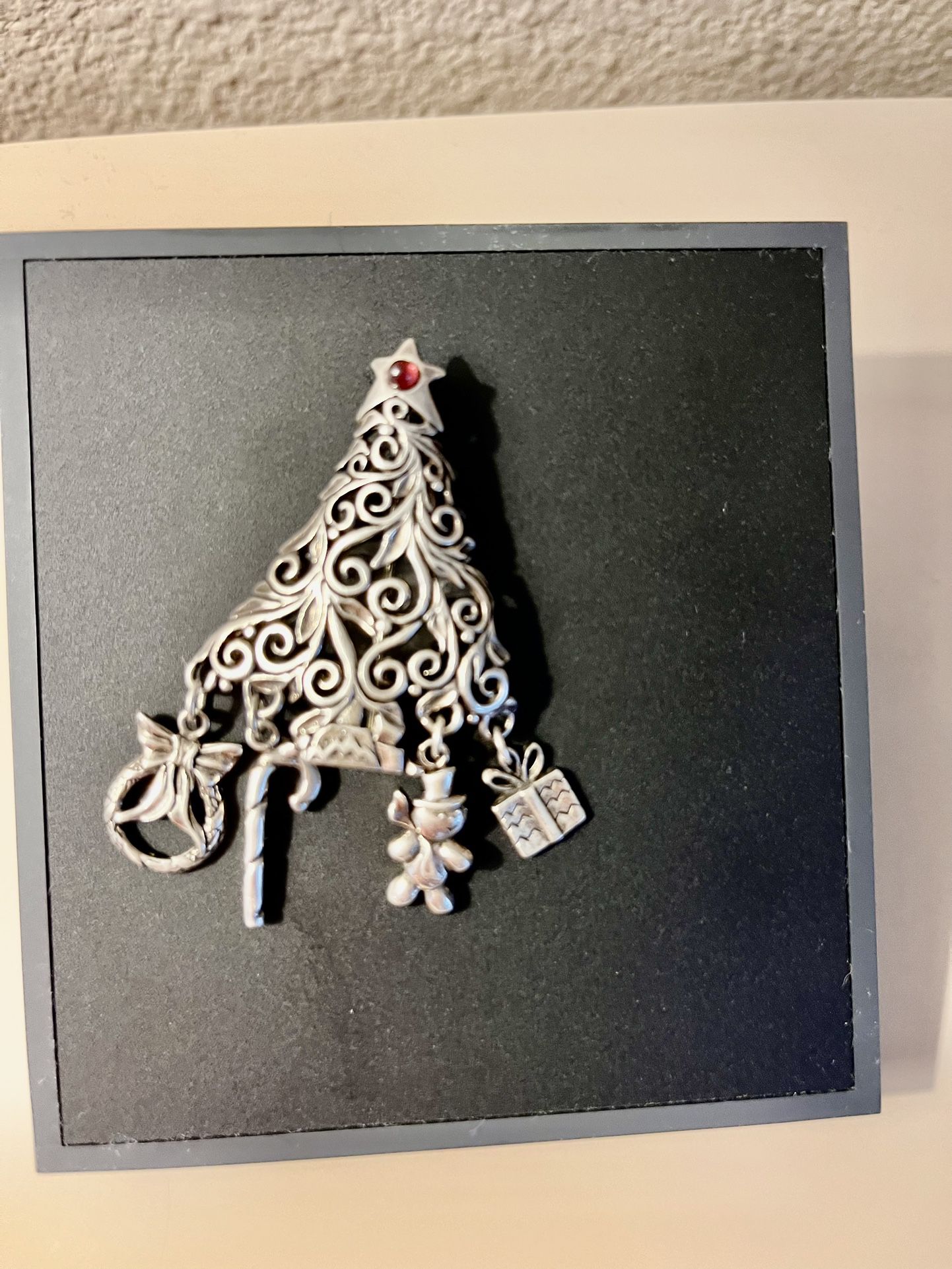 Solid Real Silver  Christmas Tree  Brooch With Charms Hanging 