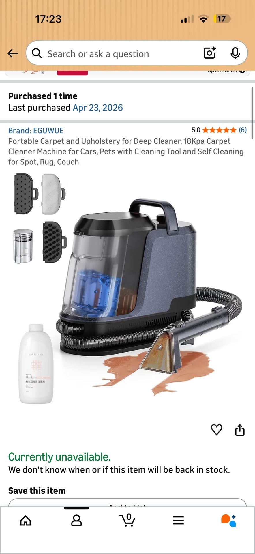 Portable Carpet and Upholstery for Deep Cleaner, 18Kpa Carpet Cleaner Machine for Cars, Pets with Cleaning Tool and Self Cleaning for Spot, Rug, Couch