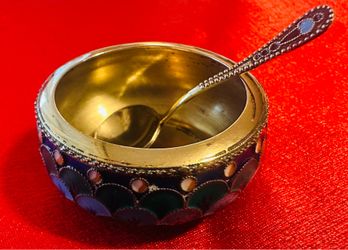 Vintage 916 Sterling Silver USSR Soviet Enamel Salt Cellars And Spoon