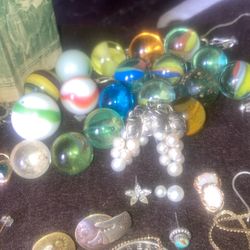 Antique Pearl Silver Ear Rings From Japan    Silver High Heels  Antique Marbles.  Gold  Chain  3.5  Gram Chain Silver Coins  And  More