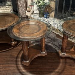 Beautiful 3 Pc Wood & Glass High End Coffee Table & 2 End Tables