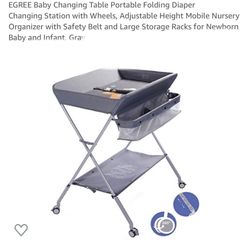 EGREE Baby Changing Table Portable Folding Diaper Changing Station with Wheels, Adjustable Height Mobile Nursery Organizer with Safety Belt