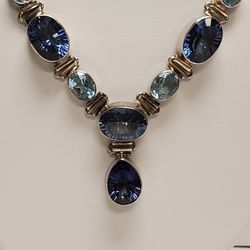 YS 925 Sterling Silver India Lavender Aquamarine Amethyst Statement Necklace