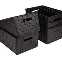 Bekith 5 Pack Small Woven Plastic Storage Basket, Woven Basket Bin, 10" L x 7" W x 4.4" H, Black