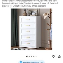White 5 Drawer Metal Dresser for Bedroom, Tall White and Gold Dresser for Closet,