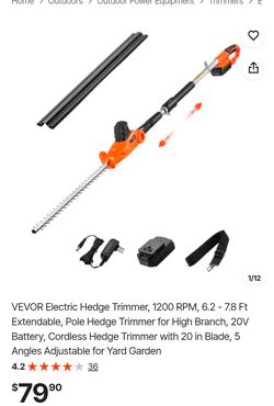 VEVOR Electric Hedge Trimmer, 1200 RPM, 6.2 - 7.8 Ft Extendable, Pole Hedge Trimmer for High Branch, 20V Battery, Cordless Hedge Trimmer with 20 in Bl