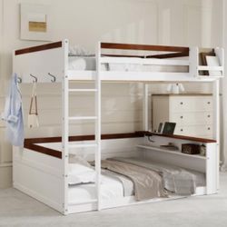 Queen Over Queen Bunk Beds for Adults, White, Modern, Bunk Bed with Built-in Shelves & Small Bookcase, LED Light & USB Charging Station‼️