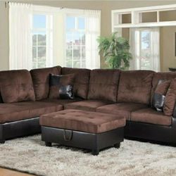Brown Microfiber Sectional Couch & Ottoman 