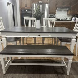 Dining Table Set – 4 Chairs + Bench (White & Dark Wood)