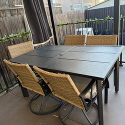 6-Piece Patio Dining Set, 7-Piece Outdoor Table with Wicker Swivels, Consisting of Chairs with Cushions and Black Rectangular Table Top with 1.75" Zon