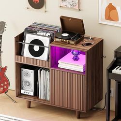 Large Record Player Stand with Power Outlets & LED Lights, Record Player Table Cabinet with Vinyl Record Storage Holds up to 300 Albums, Turntable Sta