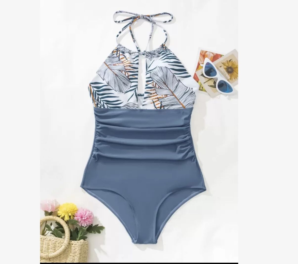 SHEIN Swim Summer Beach Tropical Print Ruched Halter One Piece Swimsuit