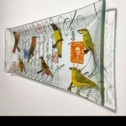 Glass Fused Art Bird Motif Tray Metropolitan Museum of Art Rectangular Trinket Dish