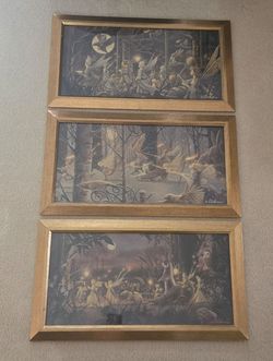 Lot (3) Winter Autumn Summer Procession David Delamare Vtg Framed Fairies 13.5x22"