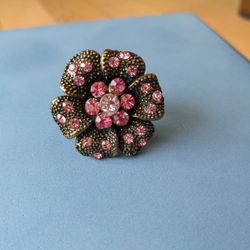 Vintage Antiqued Silver & pink gemstones Open Flower Design Thumb Ring 1.5". Glamorous! One Size, Adjustable. Unique, One of a Kind!
