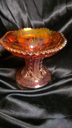 Antique Imperial Twins Marigold Carnival Glass Pedestal Compote Hobstar Bowl