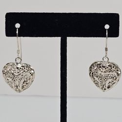 Vintage Turkey Solid 925 Sterling Silver 3D  Filigree Heart Earrings 6.62 Gr