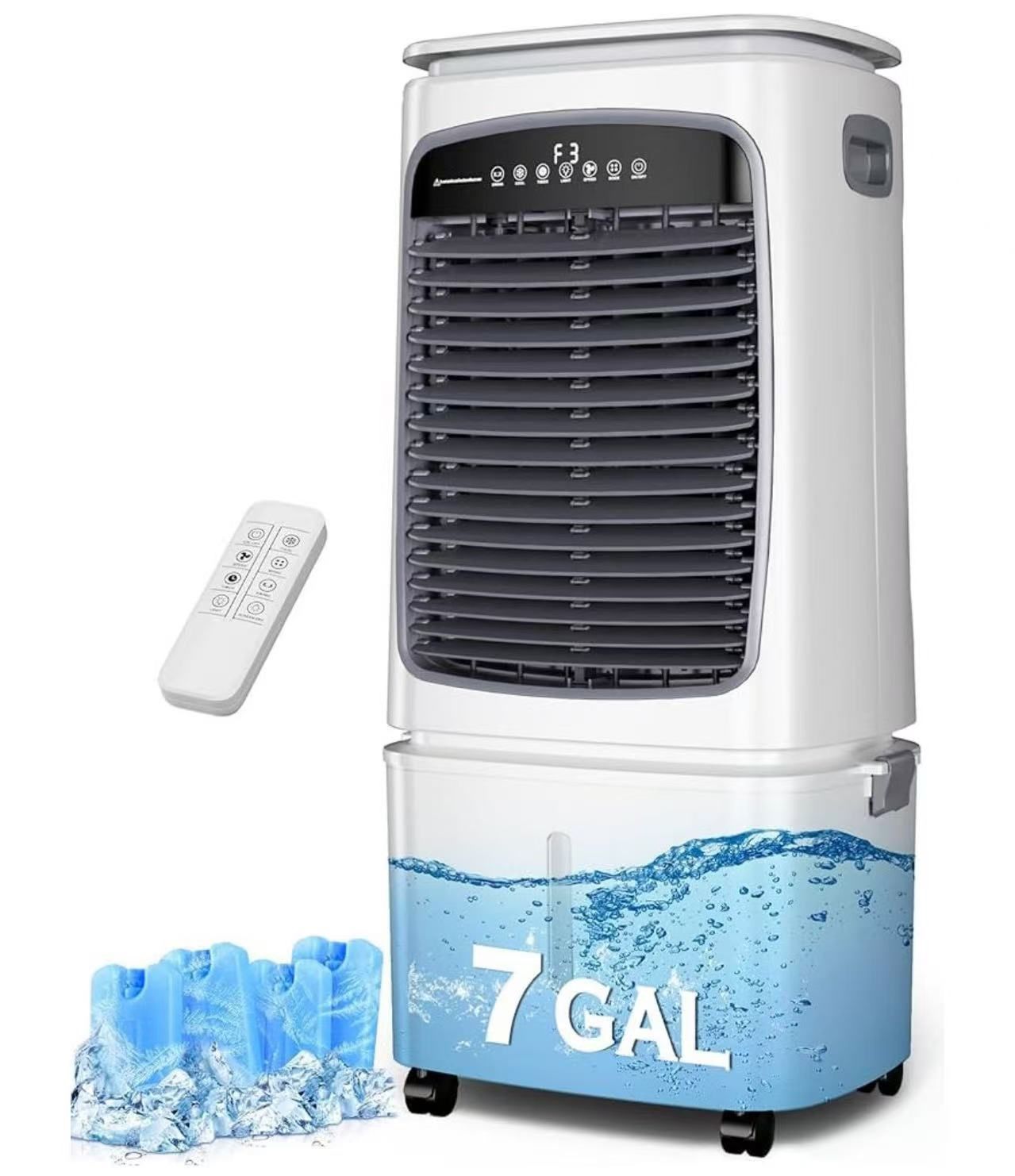 Cooler, 3-IN-1 Evaporative Air Cooler with 7 Gallon Water Tank, 4 Ice Box, Remote, 12H Timer, 120°Oscillation, Portable Air Conditioner, Cooling Fan f
