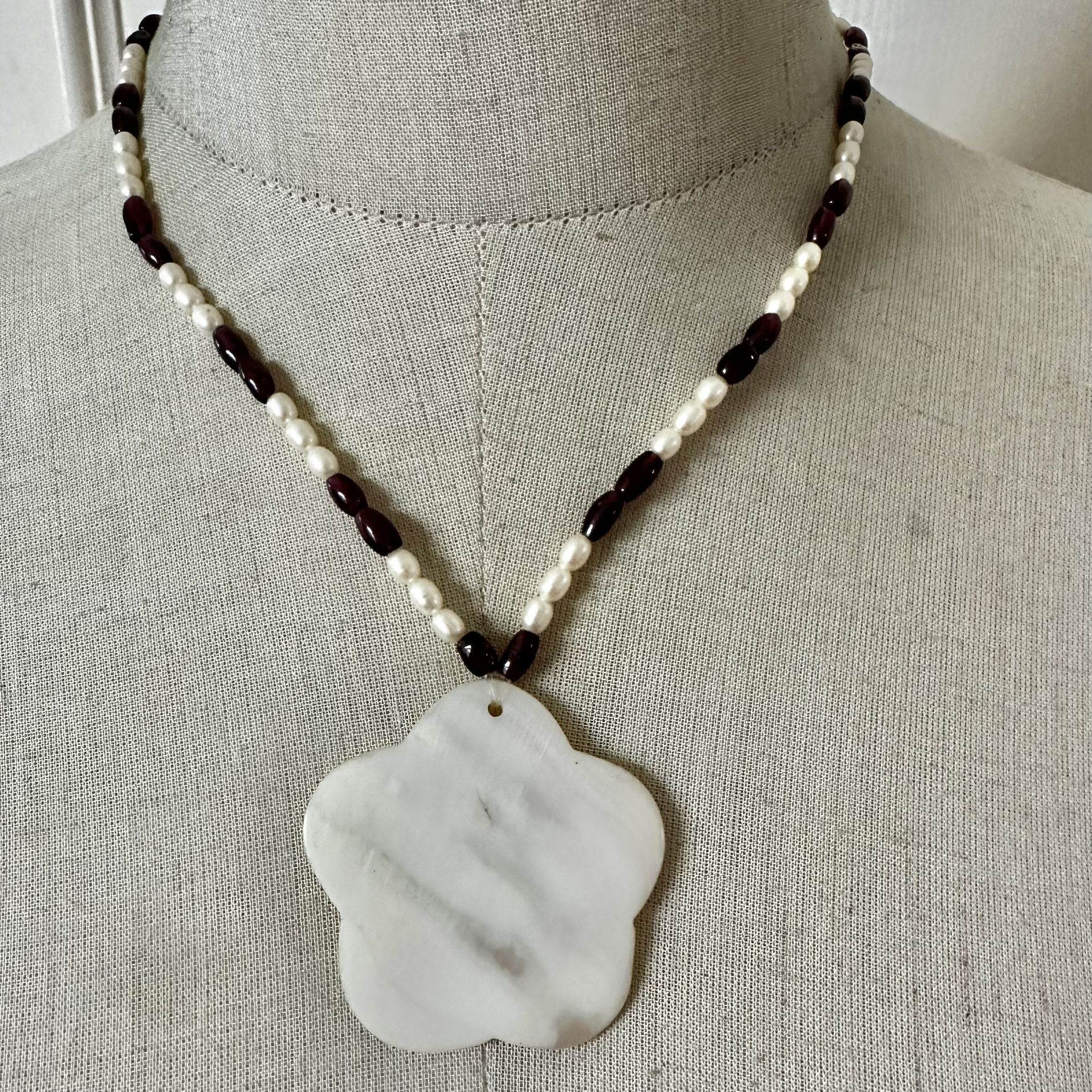 Garnet Pearl Abalone Flower Pendant Necklace