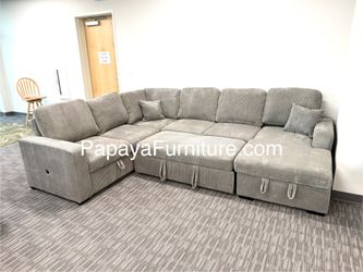 New! Large U Shape Sectional Sofa Bed Pullout Sleeper Couch Ashley style Grey Fabric Discount Furniture Warehouse BIG SALE Under Seat Storage Chaise 