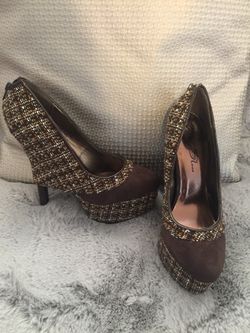 Brown, White & Mustard Suede Heels