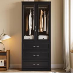 Armoire Wardrobe Closet with 2 Door & 3 Drawers, 74.8" Large Wardrobe Cabinet with Hanging Rod, Freestanding Modern Bedroom Armoire Storage Cabinet, B