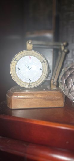 Vintage Brass Compass on Wooden Base