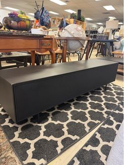 modern black low-profile metal credenza or TV stand - 63” x 16” x 17”