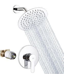 Shower Faucet Set Chrome Bathroom Rainfall Shower System Wall Mounted 8" Inch Shower Head and Handle Set Single Function Shower Trim Kit with Rough-in