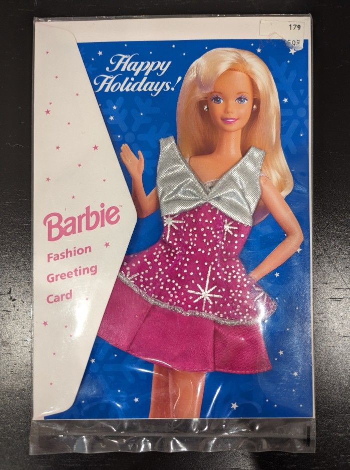 Barbie Fashion Greeting Card - Happy Holidays! Silver & Pink Metallic Dress 1995 New Vintage 